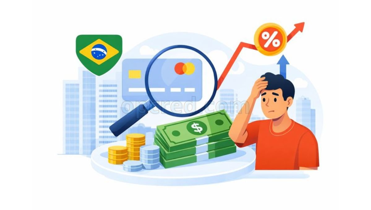 Ilustração vetorial mostrando o impacto do custo do crédito no bolso das pessoas físicas no Brasil, com ícones de dinheiro, cartão de crédito e análise financeira.