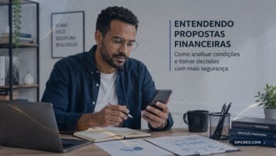 Pessoa analisando proposta financeira com apoio de correspondente bancário em ambiente organizado e educativo.