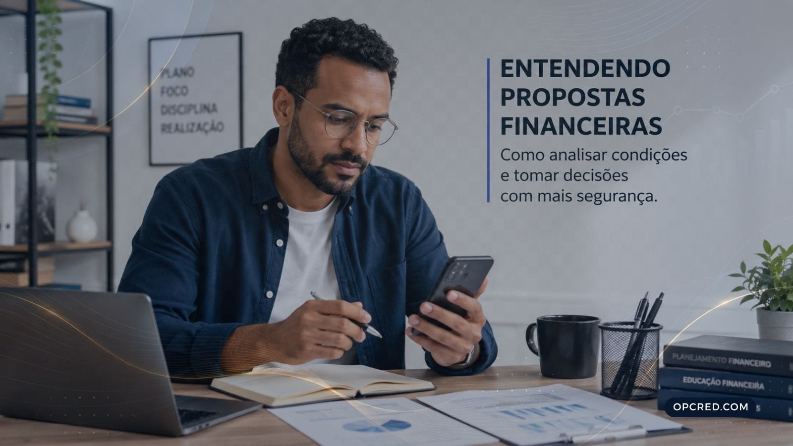 Pessoa analisando proposta financeira com apoio de correspondente bancário em ambiente organizado e educativo.