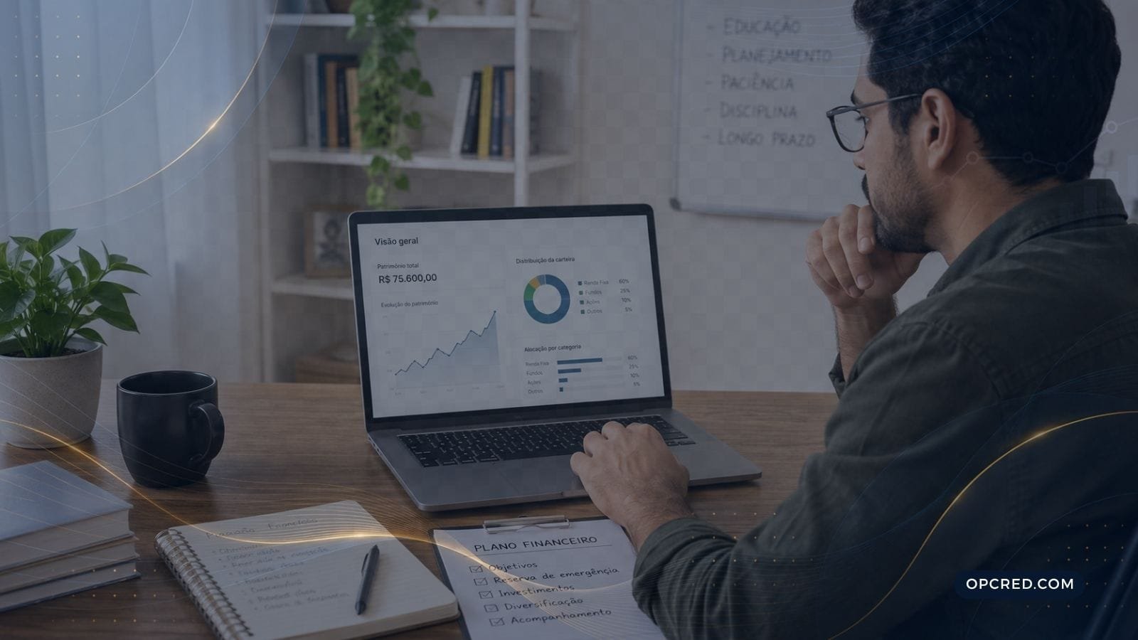 Pessoa analisando investimentos e proteção do FGC em uma plataforma financeira com caderno de planejamento sobre a mesa.