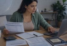 Pessoa comparando contrato atual e proposta de refinanciamento com calculadora e caderno de orçamento.