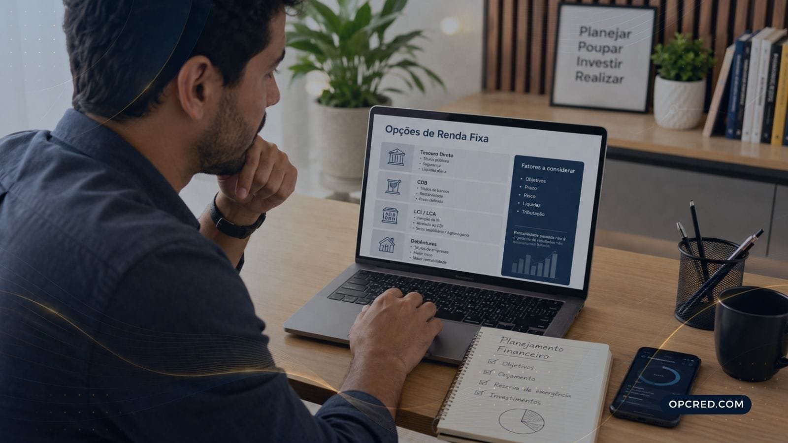 Pessoa analisando opções de renda fixa em notebook com caderno de planejamento financeiro sobre a mesa.