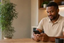 Homem usando celular em casa para ilustrar empréstimo com garantia de celular