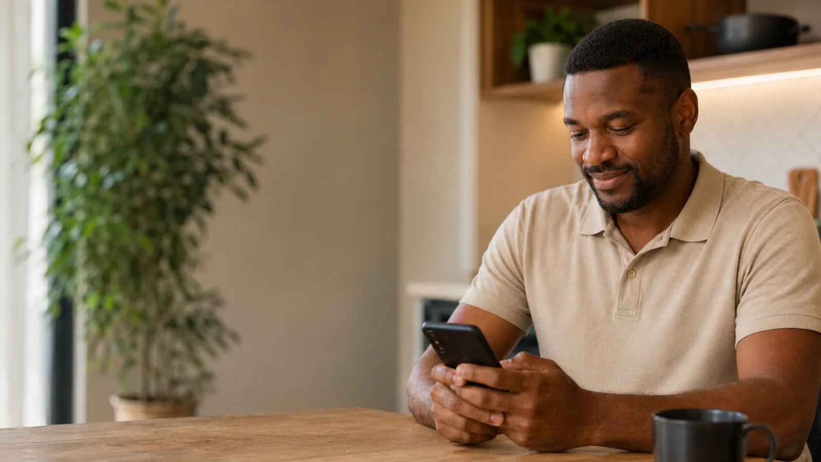 Homem usando celular em casa para ilustrar empréstimo com garantia de celular