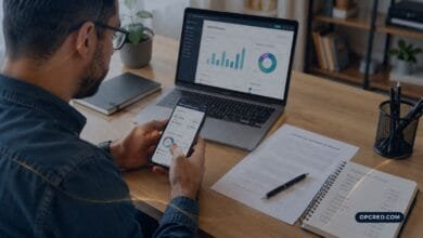 Pessoa utilizando uma plataforma fintech no celular e analisando informações financeiras no notebook.