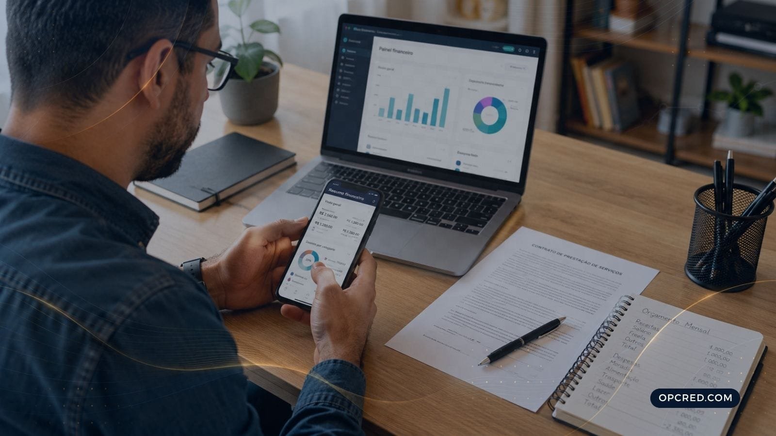 Pessoa utilizando uma plataforma fintech no celular e analisando informações financeiras no notebook.