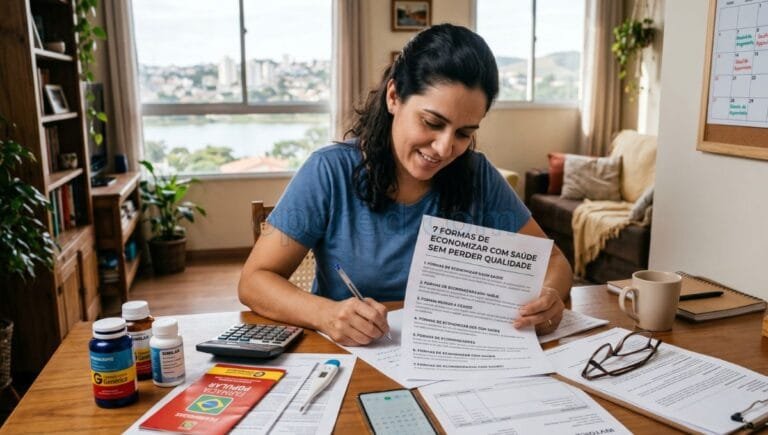 Uma mulher sorridente sentada a uma mesa de madeira, organizando contas médicas e segurando um papel com o título "7 Formas de Economizar com Saúde Sem Perder Qualidade". Ao seu redor, há frascos de medicamentos genéricos, uma calculadora, um folheto "Farmácia Popular", óculos e um celular. Uma grande janela ao fundo mostra uma vista da cidade.