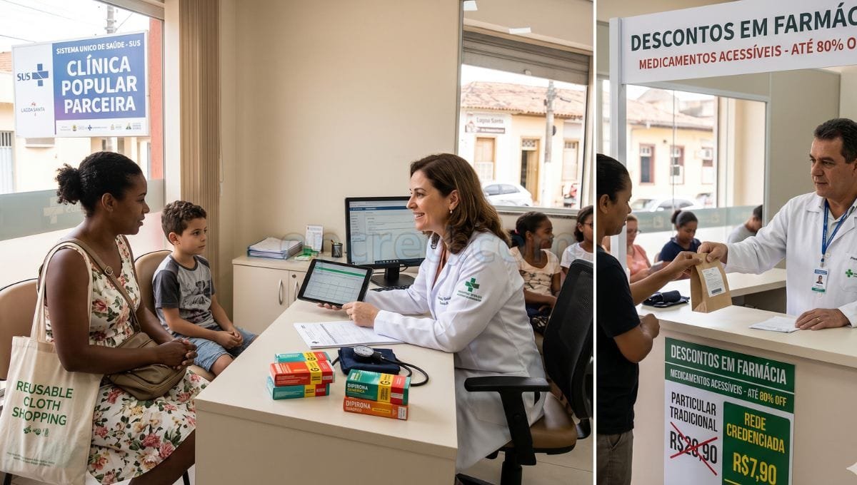 Uma imagem horizontal dividida que ilustra o acesso à saúde acessível e medicamentos. A imagem à esquerda mostra uma médica sorrindo enquanto atende uma mãe e um filho em uma clínica com o selo do SUS. A imagem à direita mostra um farmacêutico entregando medicamentos a uma paciente em uma farmácia com cartazes promocionais sobre descontos.