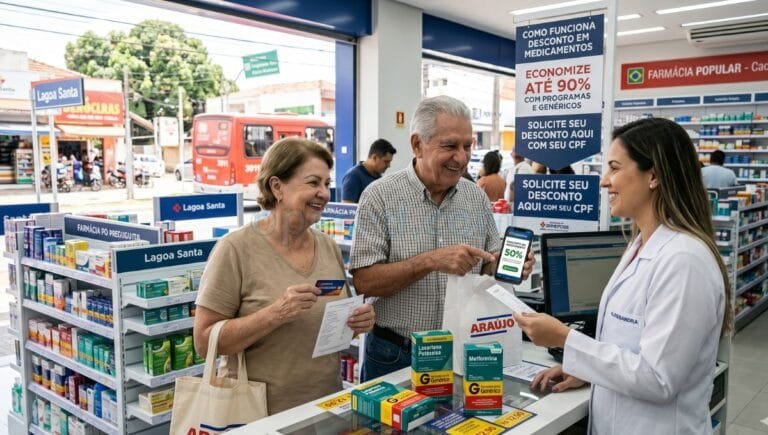 Uma foto horizontal de plano médio tirada dentro de uma drogaria Araújo em Lagoa Santa, Minas Gerais, Brasil, durante o dia. Um casal de idosos brasileiros sorrindo (um homem com camisa xadrez e uma mulher com camisa bege) está no balcão da farmácia interagindo com uma farmacêutica (uma mulher de jaleco branco com o crachá 'ALESSANDRA'). O homem segura um smartphone mostrando uma tela com "50% DESCONTO" e a mulher segura um cartão de desconto. No balcão, caixas de medicamentos genéricos (Losartana Potássica, Metformina) e uma sacola da drogaria. Um cartaz ao lado diz: "COMO FUNCIONA DESCONTO EM MEDICAMENTOS. ECONOMIZE ATÉ 90% COM PROGRAMAS E GENÉRICOS. SOLICITE SEU DESCONTO AQUI COM SEU CPF". Ao fundo, prateleiras de farmácia e uma janela de vidro para uma rua com um ônibus vermelho e prédios.