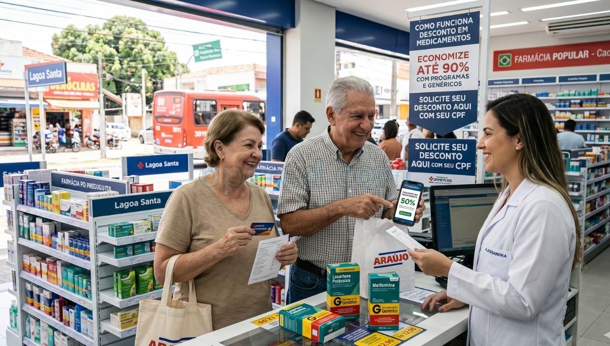 Uma foto horizontal de plano médio tirada dentro de uma drogaria Araújo em Lagoa Santa, Minas Gerais, Brasil, durante o dia. Um casal de idosos brasileiros sorrindo (um homem com camisa xadrez e uma mulher com camisa bege) está no balcão da farmácia interagindo com uma farmacêutica (uma mulher de jaleco branco com o crachá 'ALESSANDRA'). O homem segura um smartphone mostrando uma tela com "50% DESCONTO" e a mulher segura um cartão de desconto. No balcão, caixas de medicamentos genéricos (Losartana Potássica, Metformina) e uma sacola da drogaria. Um cartaz ao lado diz: "COMO FUNCIONA DESCONTO EM MEDICAMENTOS. ECONOMIZE ATÉ 90% COM PROGRAMAS E GENÉRICOS. SOLICITE SEU DESCONTO AQUI COM SEU CPF". Ao fundo, prateleiras de farmácia e uma janela de vidro para uma rua com um ônibus vermelho e prédios.