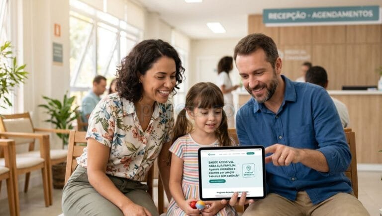 Um casal e uma menina sorrindo enquanto olham para um tablet em uma sala de espera de uma clínica médica moderna. O tablet mostra informações sobre um programa de saúde familiar acessível.
