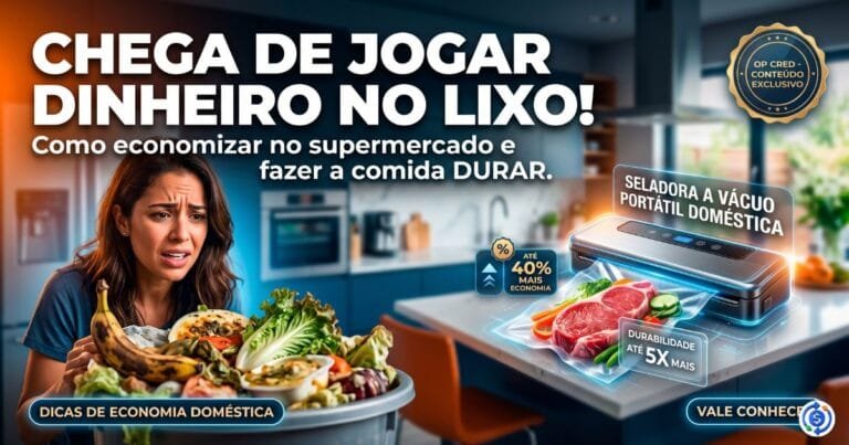 Mulher expressando frustração ao segurar um cesto cheio de comida estragada na cozinha, em contraste com uma seladora a vácuo portátil doméstica embalando carne fresca sobre a bancada. Texto na imagem destaca como economizar no supermercado e fazer a comida durar.