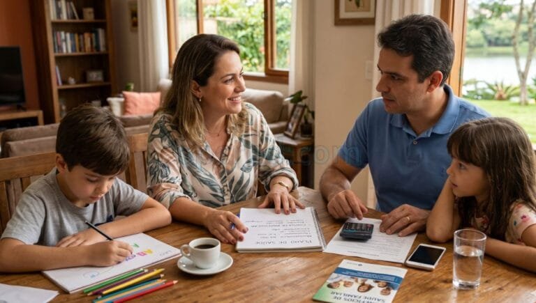 Uma família brasileira de quatro pessoas (pai, mãe, filho e filha) sentada ao redor de uma mesa de madeira em uma casa aconchegante. A mãe e o pai, em primeiro plano, estão em uma discussão engajada sobre as opções de saúde da família. Sobre a mesa, estão um caderno aberto com as anotações manuscritas "PLANO DE SAÚDE vs. CONSULTA PARTICULAR", uma calculadora, um smartphone, uma xícara de café e um copo de água. A mãe, com uma blusa estampada, sorri calorosamente enquanto aponta para o caderno. O pai, com uma camisa polo azul, ouve atentamente. O filho (à esquerda) está focado em desenhar com lápis de cor, e a filha (à direita) observa a conversa. Um folheto de saúde com o título "BENEFÍCIOS DE SAÚDE FAMILIAR: Alternativas Acessíveis e Economia" está posicionado sobre a mesa. Ao fundo, uma janela aberta com vista para um jardim e um lago embaçado. A iluminação é natural e calorosa.