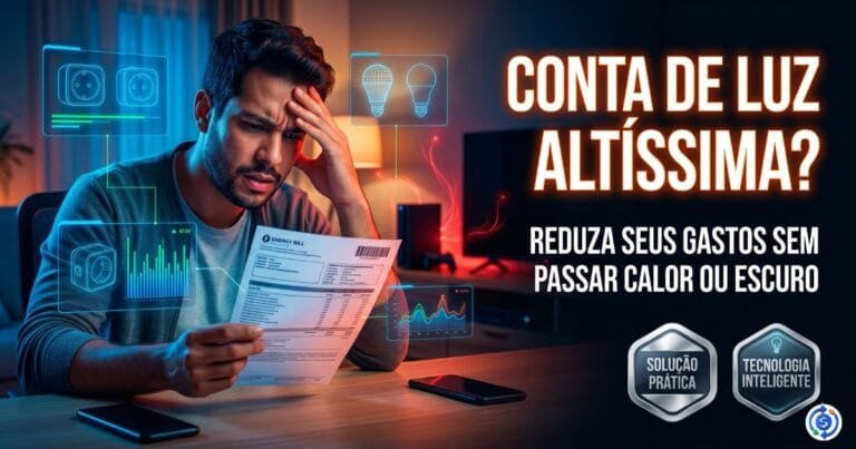 Homem com expressão preocupada segurando uma conta de luz alta. Gráficos de energia futuristas e ícones de tomadas e lâmpadas flutuam ao redor dele. À direita, texto grande em português diz: 'CONTA DE LUZ ALTÍSSIMA? REDUZA SEUS GASTOS SEM PASSAR CALOR OU ESCURO'. Abaixo, dois selos prateados: 'SOLUÇÃO PRÁTICA' e 'TECNOLOGIA INTELIGENTE'. O estilo é cinematográfico e dramático, tipo thumbnail de alta conversão.