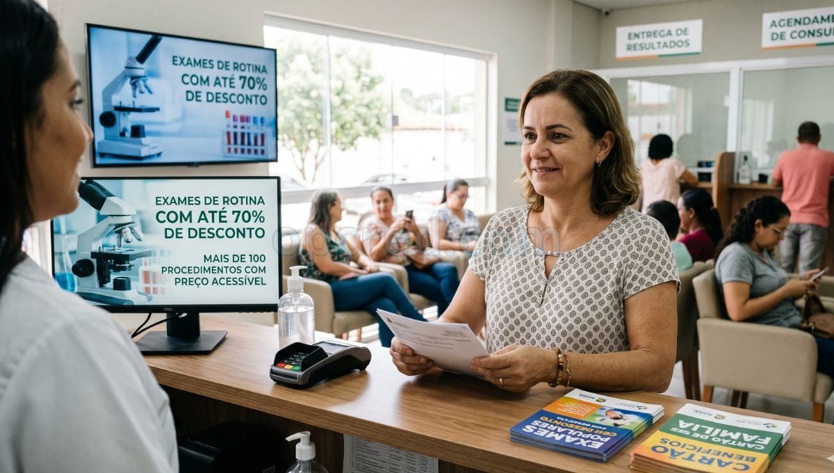 Uma mulher de meia-idade, vestindo uma blusa estampada em preto e branco, sorri ao olhar para uma atendente (parcialmente visível na esquerda) no balcão de recepção de uma clínica de saúde movimentada em Lagoa Santa. Ela está segurando documentos, possivelmente laudos de exames médicos, e há folhetos sobre cartões de benefícios familiares e exames com desconto em cima do balcão de madeira. Uma tela de TV no fundo à esquerda exibe um slide que diz: "EXAMES DE ROTINA COM ATÉ 70% DE DESCONTO".