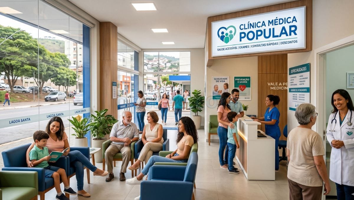 Recepção iluminada e moderna de uma clínica médica popular no Brasil, com pacientes de várias idades aguardando atendimento, atendentes no balcão e uma médica sorridente na porta do consultório. Ao fundo, um painel luminoso exibe o nome "Clínica Médica Popular" com foco em saúde acessível e consultas rápidas.