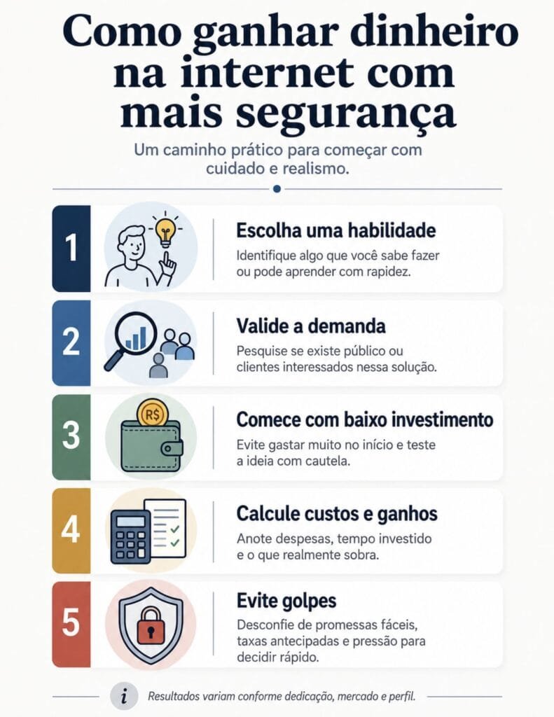 Infográfico com etapas para começar a ganhar dinheiro online com segurança.