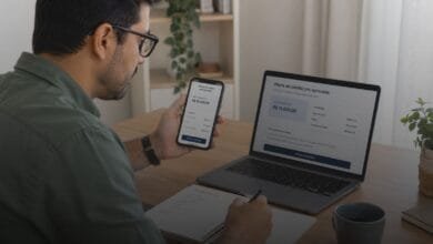 Pessoa analisando oferta de crédito pré-aprovado no celular com caderno de orçamento sobre a mesa.