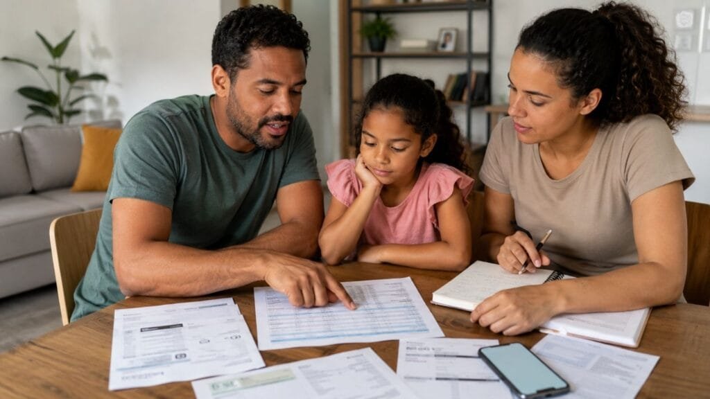 Família organizando finanças antes de contratar crédito.
