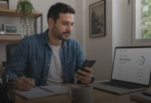 Pessoa analisando limite de crédito no celular com caderno de orçamento sobre uma mesa organizada.