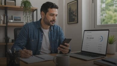Pessoa analisando limite de crédito no celular com caderno de orçamento sobre uma mesa organizada.