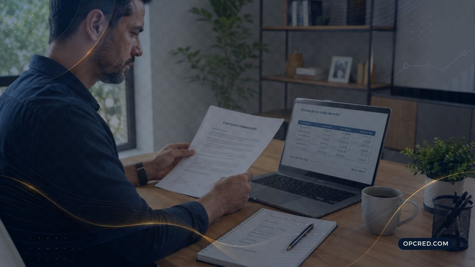 Pessoa analisando contrato e saldo devedor para entender quitação antecipada de uma dívida.