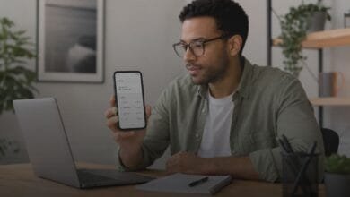 Pessoa consultando saldo disponível no celular enquanto organiza o orçamento financeiro em uma mesa com notebook e caderno.