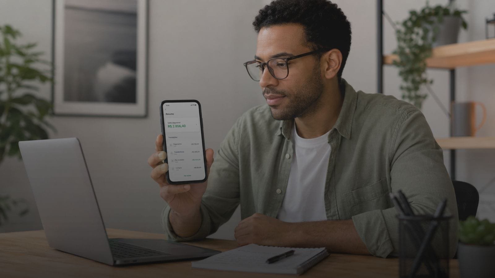 Pessoa consultando saldo disponível no celular enquanto organiza o orçamento financeiro em uma mesa com notebook e caderno.