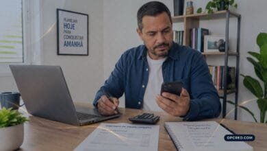 Pessoa analisando contrato, calculadora e orçamento para calcular saldo devedor antes da quitação antecipada.