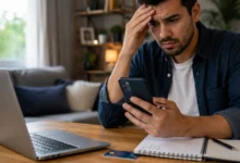 Homem consulta o celular com preocupação após cair em um golpe do Pix, ao lado de notebook e bloco de anotações.