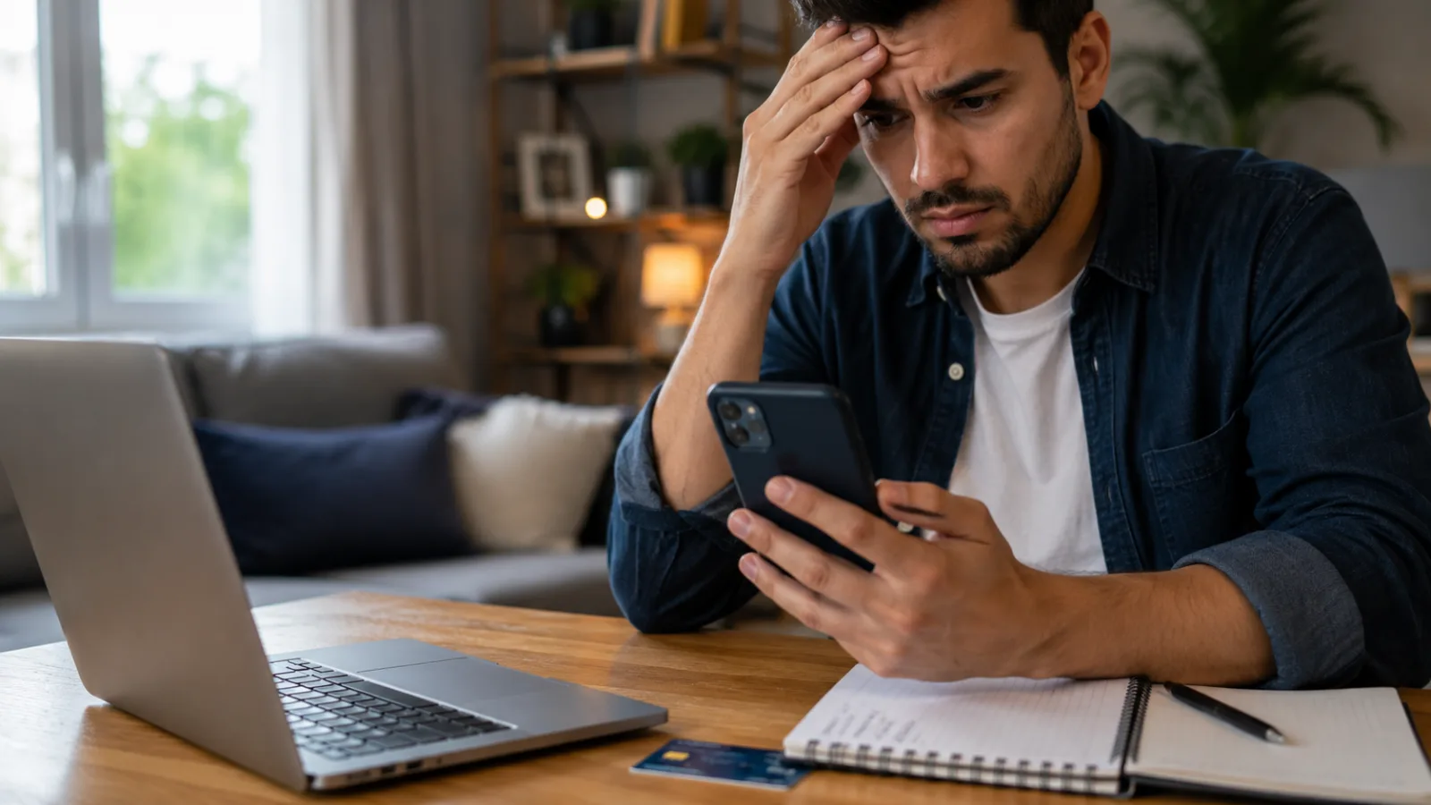 Homem consulta o celular com preocupação após cair em um golpe do Pix, ao lado de notebook e bloco de anotações.