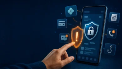 Celular com escudo de proteção e alertas que representam diferentes golpes financeiros digitais.