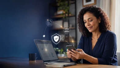 Mulher usa celular enquanto ícones representam compartilhamento seguro de dados financeiros no Open Finance.