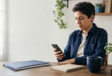 Trabalhadora consulta o celular para solicitar seguro-desemprego
