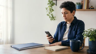 Trabalhadora consulta o celular para solicitar seguro-desemprego
