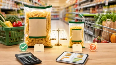 Duas embalagens de tamanhos diferentes sendo comparadas por preço em um supermercado.