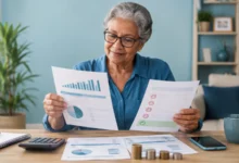 Aposentada analisa extratos, calculadora e descontos para estimar o valor líquido do benefício do INSS.