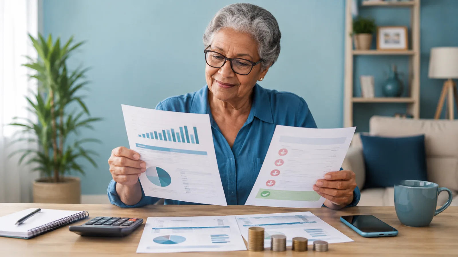 Aposentada analisa extratos, calculadora e descontos para estimar o valor líquido do benefício do INSS.